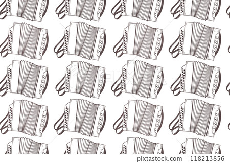 Folk musical instruments, accordion, accordion, all objects are hand drawn in vector in gray color. Seamless vector pattern. Suitable for printing on fabric, paper, for poster design. Folk musical instruments, accordion, accordion, all objects are hand drawn in vector in gray color. Seamless vector pattern. Suitable for printing on fabric, paper, for poster design. 118213856