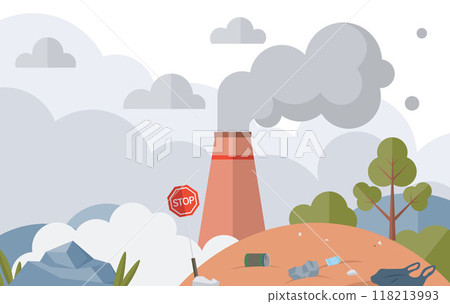 Waste pollution vector illustration. Landfills are common method waste disposal, but they can lead to soil and water contamination The waste pollution metaphor highlights destructive impact Waste pollution vector illustration. Landfills are common method waste disposal, but they can lead to soil and water contamination The waste pollution metaphor highlights destructive impact 118213993