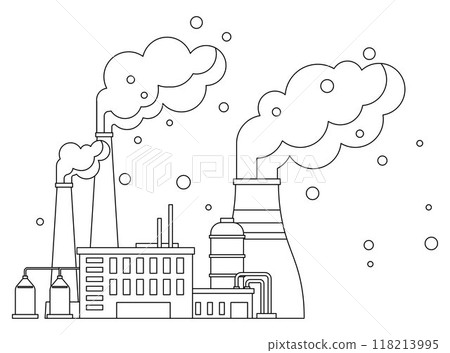 Factories vector illustration. Factory buildings, sentinels progress, stand tall against backdrop industrial landscape Air pollution, haunting melody progress, reverberates through atmosphere 118213995