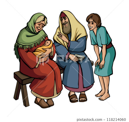 Vector drawing. Mother and father with a baby 118214060