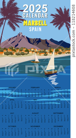 Monthly 2025 Calendar Vintage travel poster Marbella Spain, tropical resort 118214608