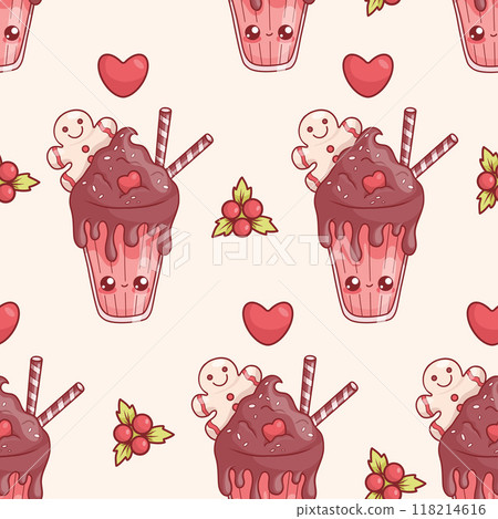 Seamless  pattern with Christmas cute kawaii cartoon character glass milk shake with chocolate dessert, gingerbread man and striped candies on beige background with holly. Vector illustration. 118214616