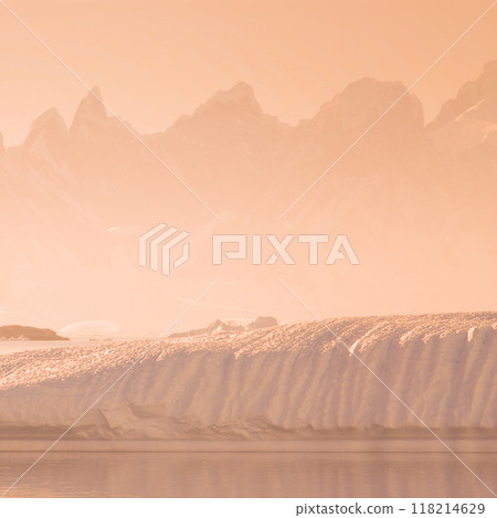 Lemaire strait coastal landscape, mountains and icebergs, Antarctic Peninsula, Antartica. 118214629