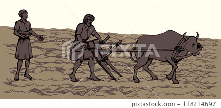 Vector drawing. Old wooden plow 118214697