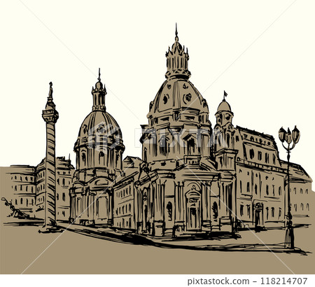 Vector drawing. Sketch of square in Rome. 118214707