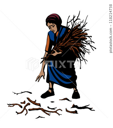 Vector drawing. Woman collecting firewood 118214738