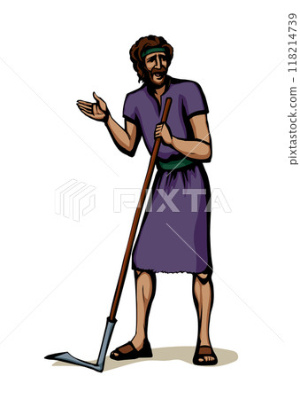 Vector drawing. A man with an old scythe 118214739