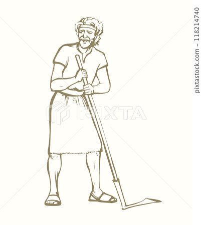 Vector drawing. A man with an old scythe 118214740