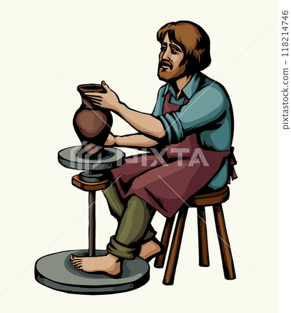 Vector drawing. Potter makes a jug Vector drawing. Potter makes a jug 118214746