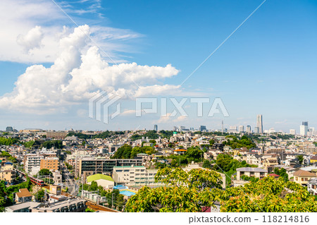 [Kanagawa Prefecture] Summer blue skies and a residential area in Yokohama (August) 118214816