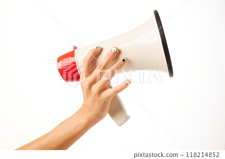 Hand holding megaphone isolated on white background. News, announcement, social media, sales Hand holding megaphone isolated on white background. News, announcement, social media, sales 118214852