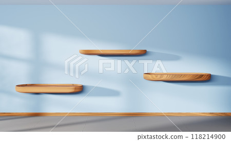 3d wooden shelves on blue wall background.... - Stock Illustration ...