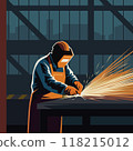 Worker welder is welding industrial on metal steel pipe repair with spark light equipment wearing protective leather glove welded mask. 118215012