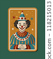 Vector playing card joker, clown. Graphic creepy smiling face of sinister man in clown hat. 118215013