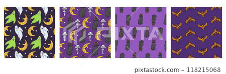 Set of 4 Seamless patterns with cute hand drawn Halloween motifs 118215068
