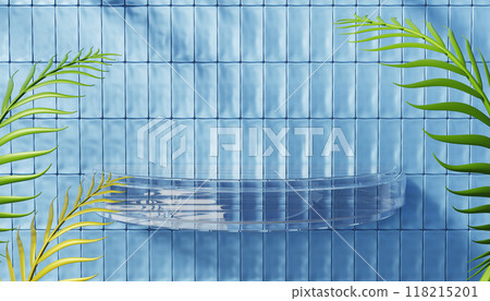 3d glass transparent clear shelf on blue wall with rectangle tile pattern and tropical green palm leaf. Bathroom or pool interior product podium. Empty crystal pedestal display mockup. 3D illustration 3d glass transparent clear shelf on blue wall with rectangle tile pattern and tropical green palm leaf. Bathroom or pool interior product podium. Empty crystal pedestal display mockup. 3D illustration 118215201