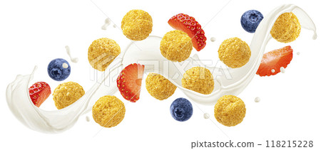 Flying corn balls with milk splash, blueberry and strawberry slices isolated on white background with clipping path 118215228
