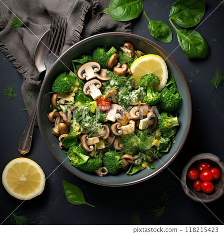 Healthy vegan salad of vegetables. Broccoli, mushrooms, spinach and kinoa in a bowl. Healthy vegan salad of vegetables. Broccoli, mushrooms, spinach and kinoa in a bowl. 118215423