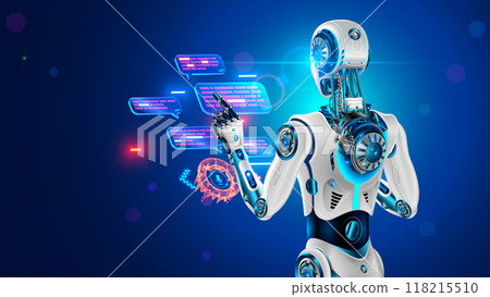 AI chatbot in image robot or cyborg holding in hand message bubbles. Online AI chat bot talk through messenger with user. Technical support bot, internet assistance with artificial intelligence or AI 118215510