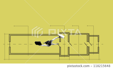 Woman in motion with briefcase, coffee and architectural plans, against yellow backdrop. Contemporary art collage. 118215648