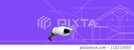 Man working on house blueprint, closely examining structure of building against purple background. Contemporary art collage. 118215650