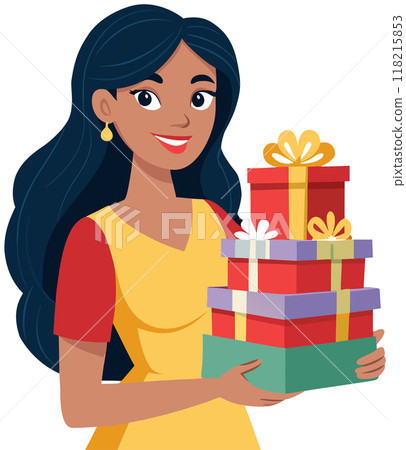 vector cartoon girl with big boxes vector cartoon girl with big boxes 118215853