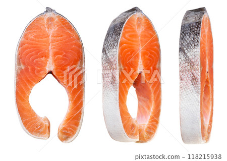Set of salmon steaks in different poses on white background. Isolated 118215938