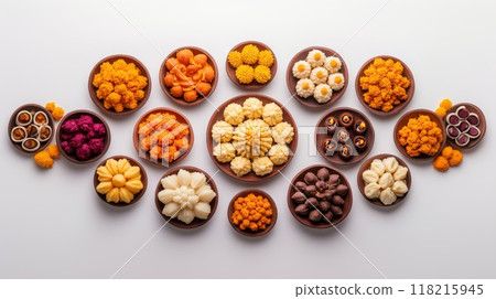 Top view of traditional Indian sweets and savory snacks for festive occasions of Dussehra and Diwali Top view of traditional Indian sweets and savory snacks for festive occasions of Dussehra and Diwali 118215945