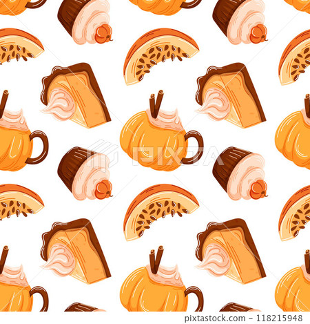 Seamless vector pattern with various pumpkin treats pie slice, cupcake and pumpkin spice latte. Design for autumn or Thanksgiving, wrapping, background and seasonal food celebrations. Cartoon Seamless vector pattern with various pumpkin treats pie slice, cupcake and pumpkin spice latte. Design for autumn or Thanksgiving, wrapping, background and seasonal food celebrations. Cartoon 118215948