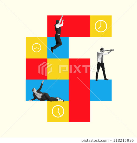 Poster. Contemporary art collage. Workers, in different blocks of abstract schedule with clocks trying to managing his work and rest time. Poster. Contemporary art collage. Workers, in different blocks of abstract schedule with clocks trying to managing his work and rest time. 118215956