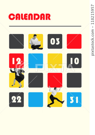 Poster. Contemporary art collage. Time grids create organized environment for workers. Importance of structure and timing in daily tasks. 118215957