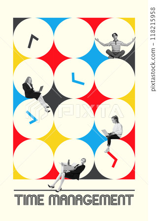 Poster. Contemporary art collage. Circular arrangement of clocks and figures highlights individuals either in control of or overwhelmed by their schedules. Poster. Contemporary art collage. Circular arrangement of clocks and figures highlights individuals either in control of or overwhelmed by their schedules. 118215958