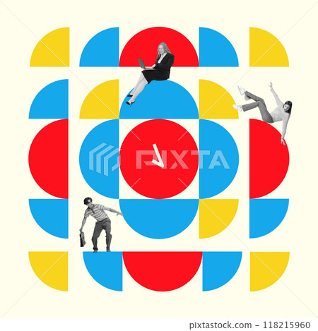 Poster. Contemporary art collage. People, each on unique position within colorful structure, as representation of work and task management. 118215960