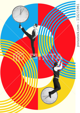 Poster. Contemporary art collage. Clock elements blend into dance of balance, with two person controlling time. Life-work balance. 118215961