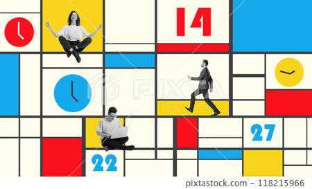 Poster. Contemporary art collage. Woman meditates in bright calendar-space, while others focus on their work or move forward. Poster. Contemporary art collage. Woman meditates in bright calendar-space, while others focus on their work or move forward. 118215966