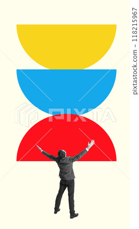 Poster. Contemporary art collage. Man stand raising hands in work-space filled with bright colored clocks, symbolizing balance and structure. Poster. Contemporary art collage. Man stand raising hands in work-space filled with bright colored clocks, symbolizing balance and structure. 118215967