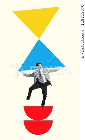 Poster. Contemporary art collage. Man in suit balances geometric shapes above him, conveying act of managing multiple tasks. Poster. Contemporary art collage. Man in suit balances geometric shapes above him, conveying act of managing multiple tasks. 118215970