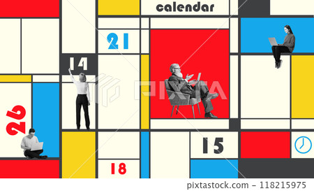 Poster. Contemporary art collage. Modern calendar grid where different business people occupy spaces of each day, hinting at varied activities. 118215975
