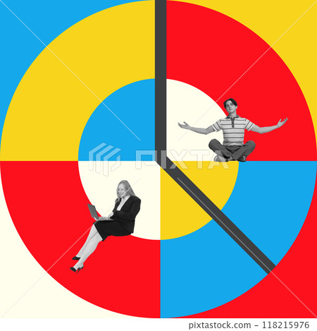 Poster. Contemporary art collage. Colorful abstract clock as balance, with woman in business attire working on her laptop and a young man meditating. 118215976