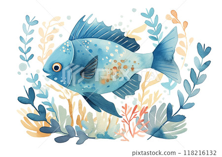 Elevate your room with this stunning watercolor fish illustration, featuring vibrant hues 118216132