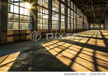 Sunshine streams through expansive industrial windows, casting intricate shadows Sunshine streams through expansive industrial windows, casting intricate shadows 118216134