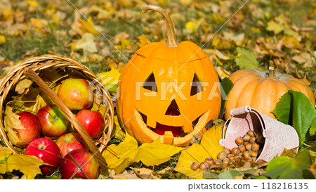 Pumpkin - head and basket with apples on a background of yellow leaves. 118216135