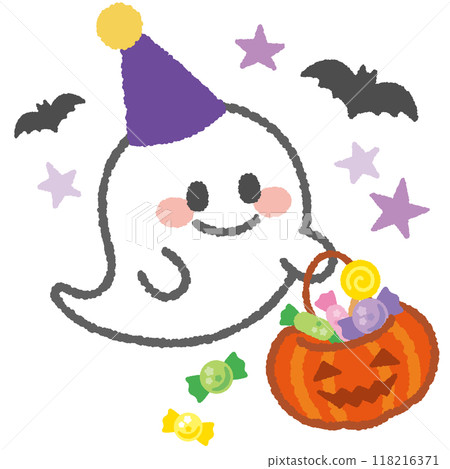 Cute Halloween illustration: A ghost holding candy in a jack-o-lantern basket 118216371