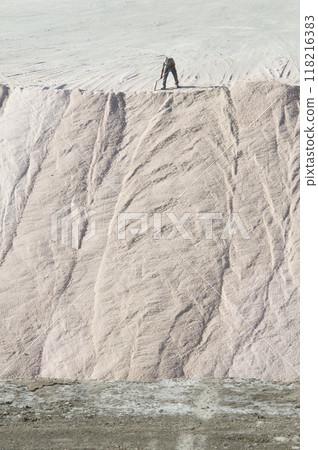 Worker unloading raw salt bulk, Salinas Grandes de Hidalgo, La Pampa, Patagonia,  Argentina. 118216383