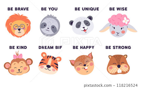 vibrant illustration features adorable animal faces paired with uplifting messages, encouraging a growth mindset in children through playful visuals. 118216524