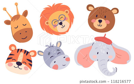 A collection of gentle animal portraits, each with a touch of playfulness, perfect for adding a whimsical charm to kids creative spaces 118216577