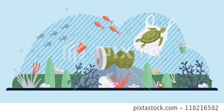 Ocean pollution vector illustration. The ocean pollution concept serves as wakeup call for environmental responsibility Garbage and trash in ocean pose significant threat to marine ecosystems 118216582
