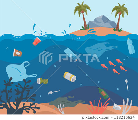 Ocean pollution vector illustration. The ocean pollution metaphor underscores urgency cleaning our seas The underwater ecosystem faces unprecedented challenges due to human-generated rubbish Ocean pollution vector illustration. The ocean pollution metaphor underscores urgency cleaning our seas The underwater ecosystem faces unprecedented challenges due to human-generated rubbish 118216624