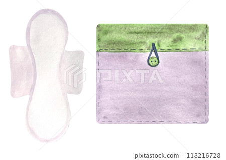 A period pad with a light purple-green cover set, watercolor illustration of menstrual protection items isolated on white. Ideal for ads, packaging, blogs about sustainable lifestyle and choices of a A period pad with a light purple-green cover set, watercolor illustration of menstrual protection items isolated on white. Ideal for ads, packaging, blogs about sustainable lifestyle and choices of a 118216728
