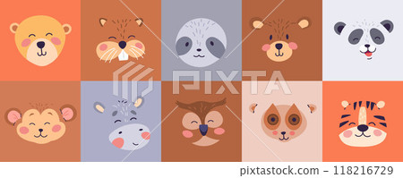 illustration presents a joyful array of stylized animal faces, each with unique features, ideal for educational materials or children playtime fun illustration presents a joyful array of stylized animal faces, each with unique features, ideal for educational materials or children playtime fun 118216729